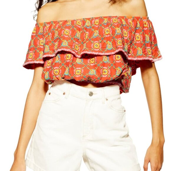 Topshop Tops - Topshop Cropped Peasant Top Fully Embroidered Orange Floral Womens 6 NEW